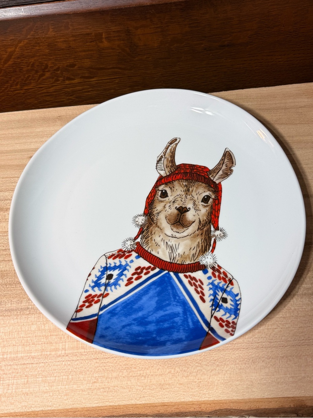 West Elm Llama Ceramic Dinner Plate in White, Red & Blue